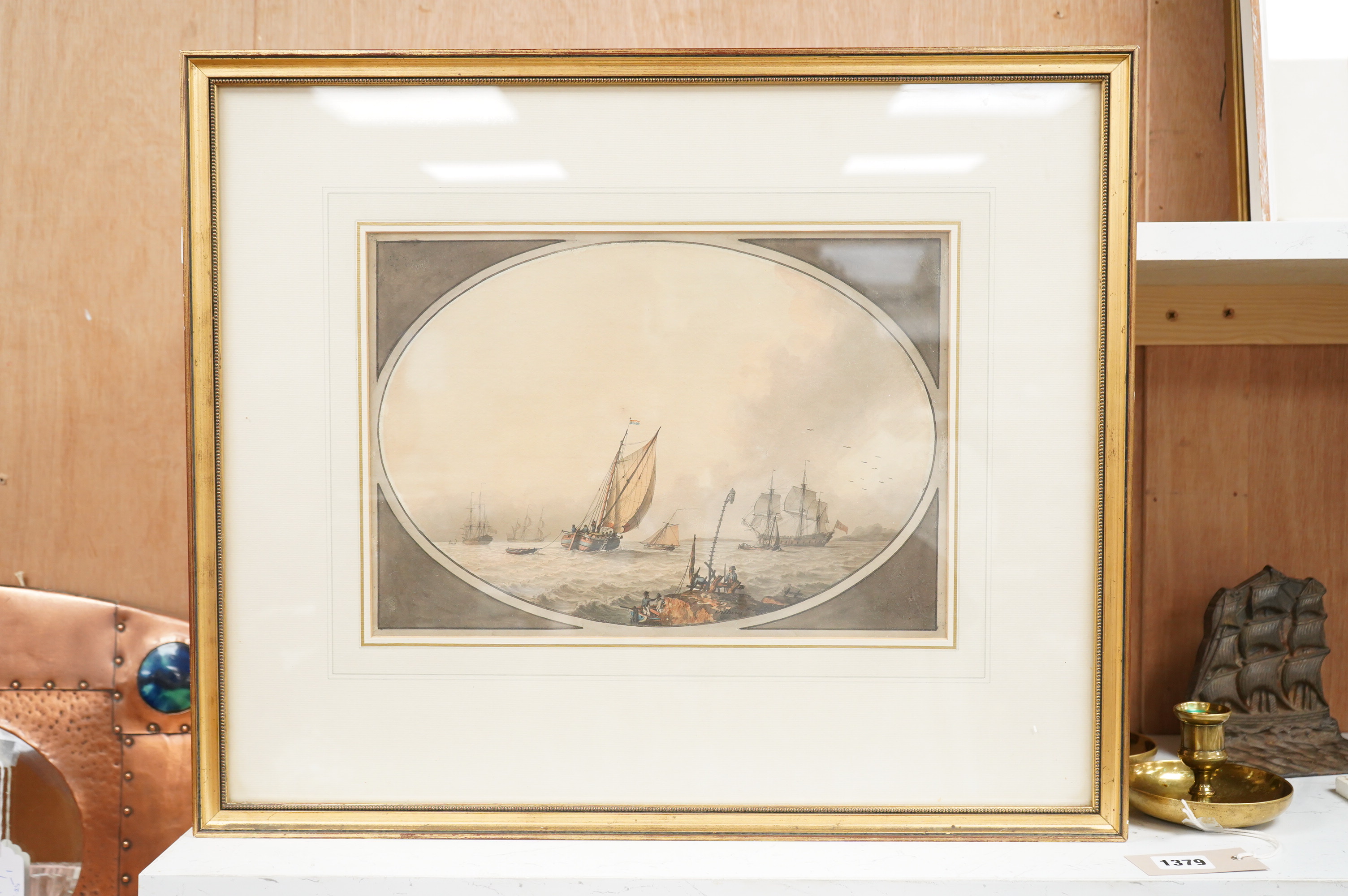 Attributed to Samuel Atkins (fl.1787-1847), Shipping in a choppy sea off a headland, feigned oval, watercolour, 24 x 34cm